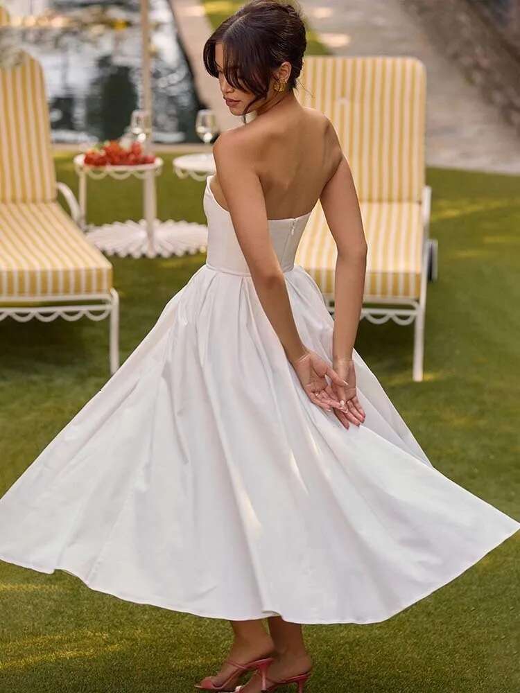 Dongdumaoyi Townlike Midi Long Pleated A Line Dress Women Spring Summer Strapless Nightclub Sexy Party Dresses