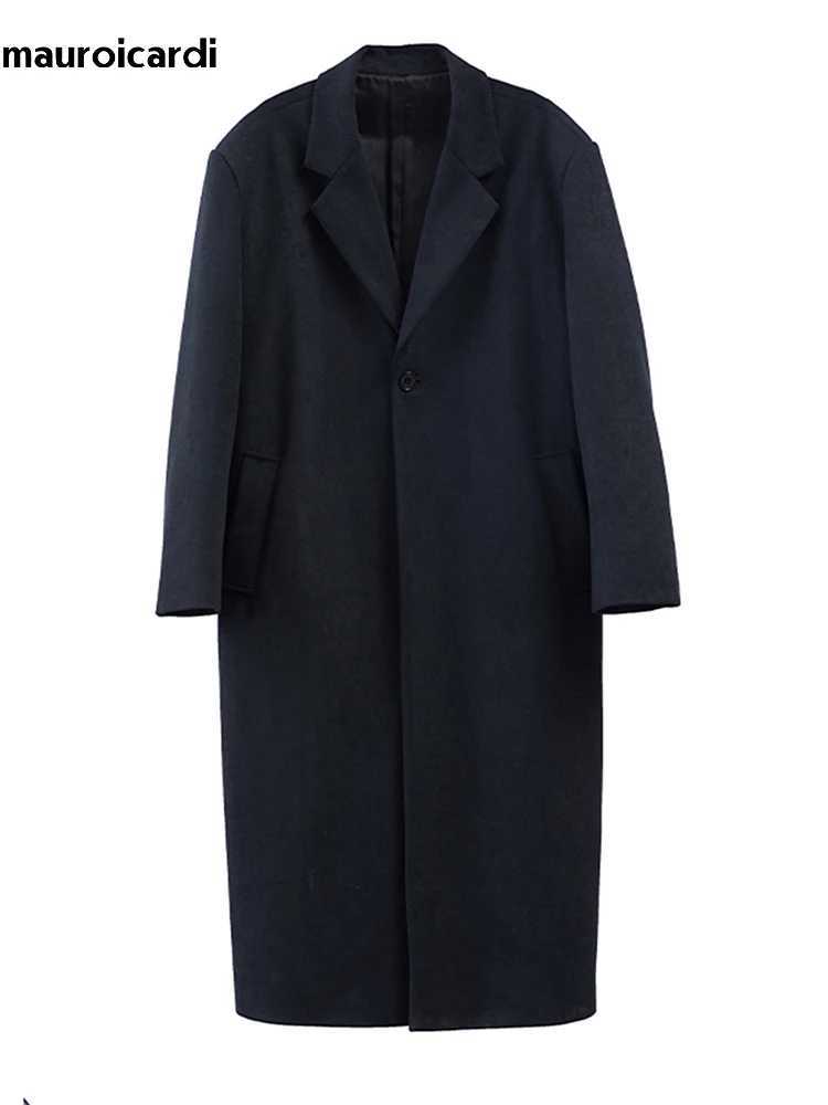 Mauroicardi Autumn Winter Long Oversized Black Woolen Trench Coat Men Shoulder Pads Single Breasted Luxury Cocoon Overcoat 2022T251125