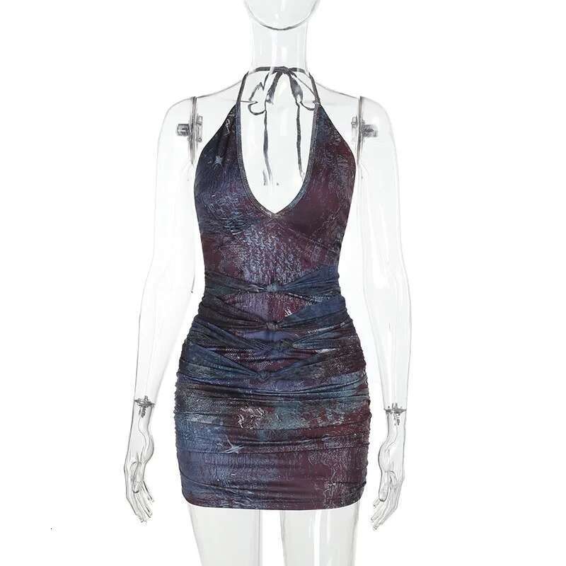 Dongdumaoyi Townlike Print Slim Bodycon Dress Women Halter Mini Spring Summer Deep V Neck Backless Nightclub Sexy Party Dresses