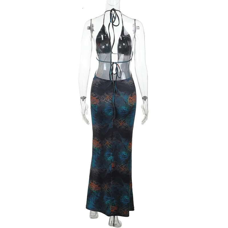 Dongdumaoyi Townlike Print Maxi Long Slim Bodycon Dress Women Halter Spring Summer Deep V Neck Backless Sexy Party Dresses