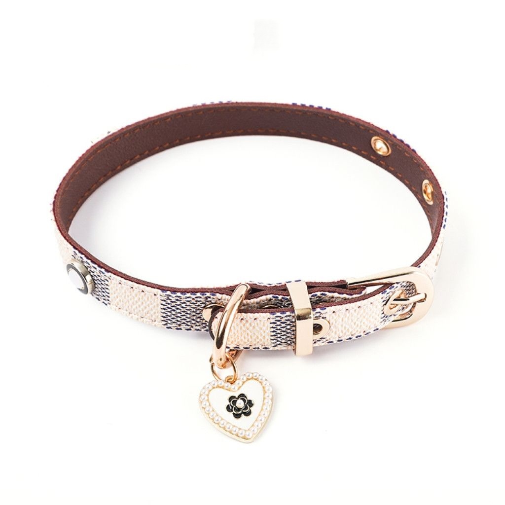 Plaid Pet Collar with Pearl-Flower Heart Tag, Adjustable Dog/Cat Collar, Luxury Gold Hardware & Decorative Accents, 2 Sizes (S/M) for Small-Medium Pet