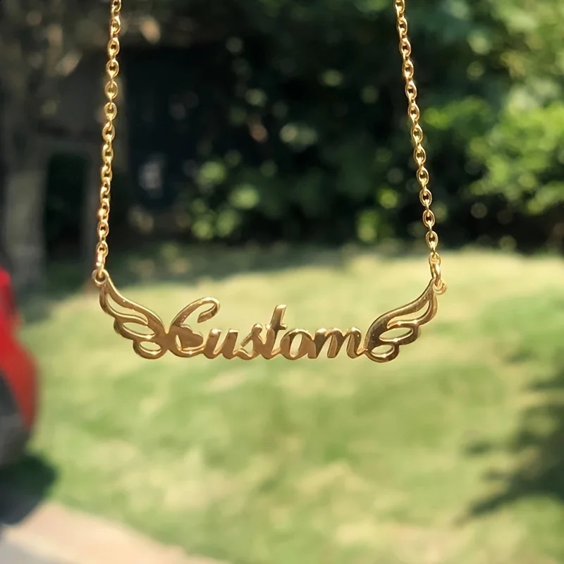 Custom Name Wings Necklaces For Women Gold Color Stainless Steel Personalized Wing Name Pendant Necklace Wedding Jewelry Gift 250425