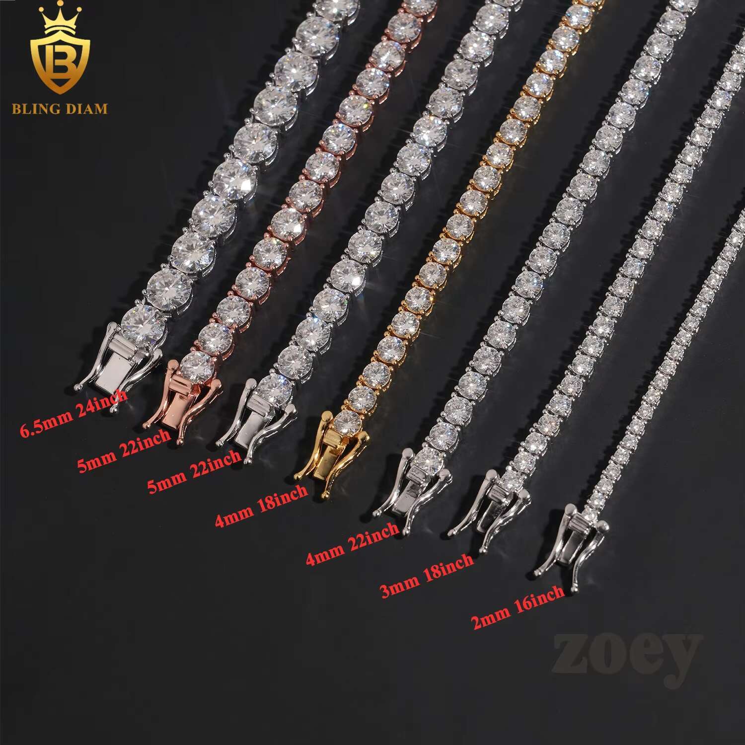 2mm-6.5mm Gold Plated Hip Hop Jewelry 925 Sterling Silver Vvs1 Moissanite Diamond Tennis Chains Bracelet Necklace