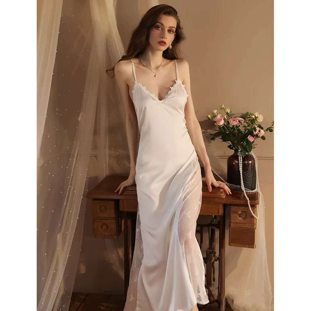 Silk Satin Ladies Sexy Robe Nightgown Women Sleepwear Lace Pijamas Dress