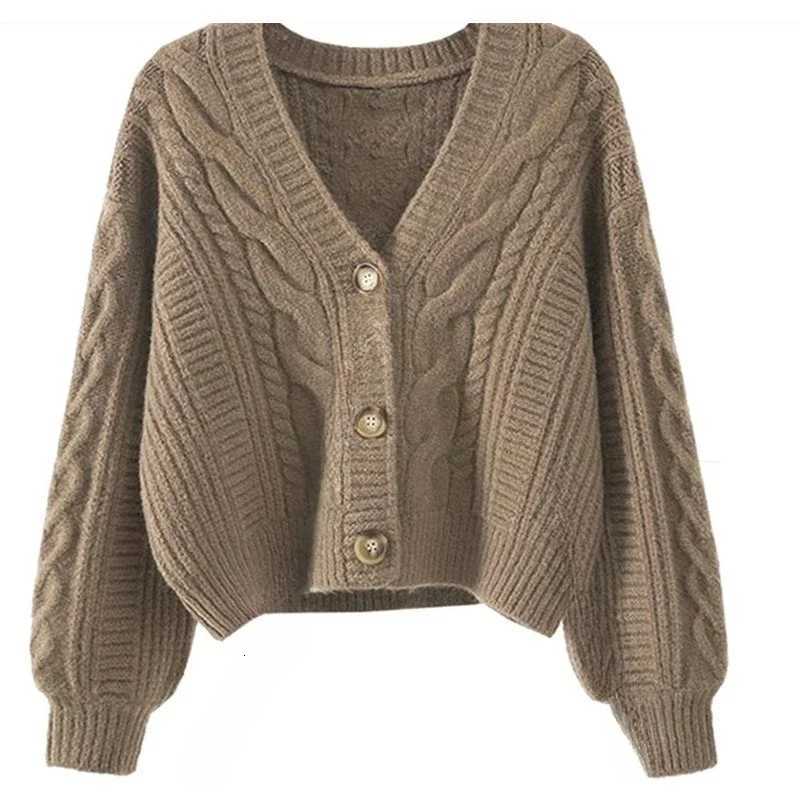 Simple Loose V-neck Retro Fried Dough Twists Casual Womens Knitting Cardigan Autumn and Winter Korean Solid Short Sweater CoatT251125