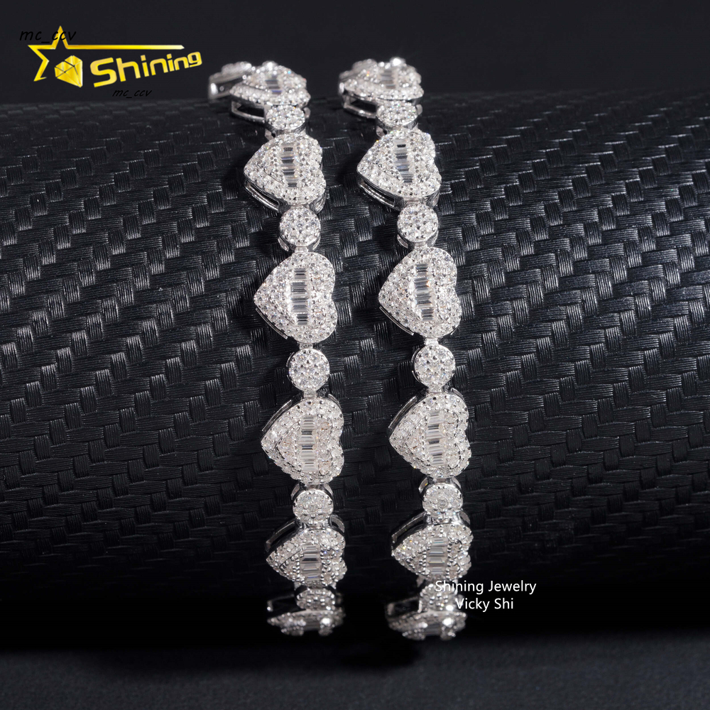 New Iced Out 925 Sterling Silver Heart Shape Moissanite Bracelet Trendy Men Hip Hop Jewelry Moissanite Cuban Link Chain