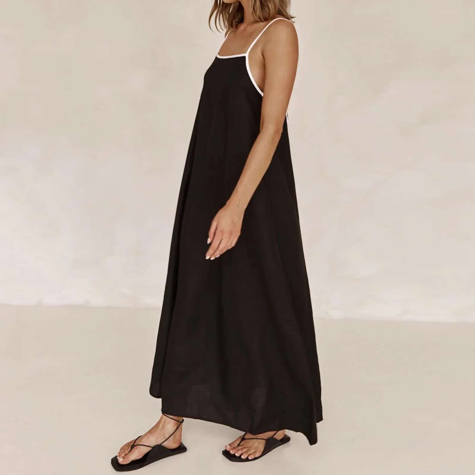 Dongdumaoyi Fashion Contrasting Color Cotton Camisole Dress Spring And Summer Women Simple Loose Ventilate Large Hem Vacation Leisure