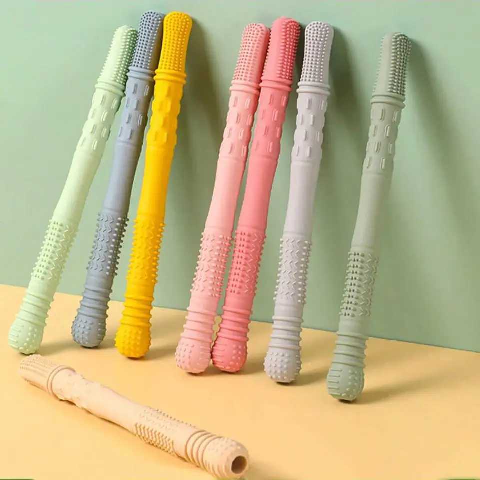 5pcs/set Silicone Hollow Teether Tube Chew Straw Sensory Toy for Toddlers Silicone Teething Toys Gifts G251125