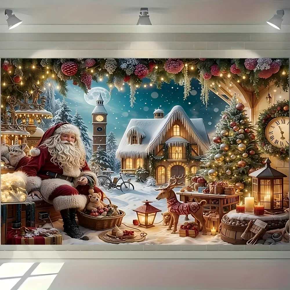 VIKAMA Santa Claus Snow Scene Tapestry Living Room Feature Wall Childrens Room Decor Christmas Party Room DecorM251125