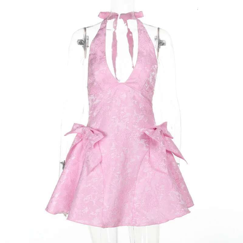Dongdumaoyi Townlike Jacquard Waist Wrap A Line Dress Women Halter Mini Spring Summer Bow V Neck Backless Sexy Party Dresses