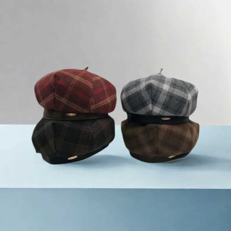 Retro British Plaid Beret Hat Womens Autumn Winter Korean Style Casual Painter Cap Simple Woolen Fashion Girl Hat J251125