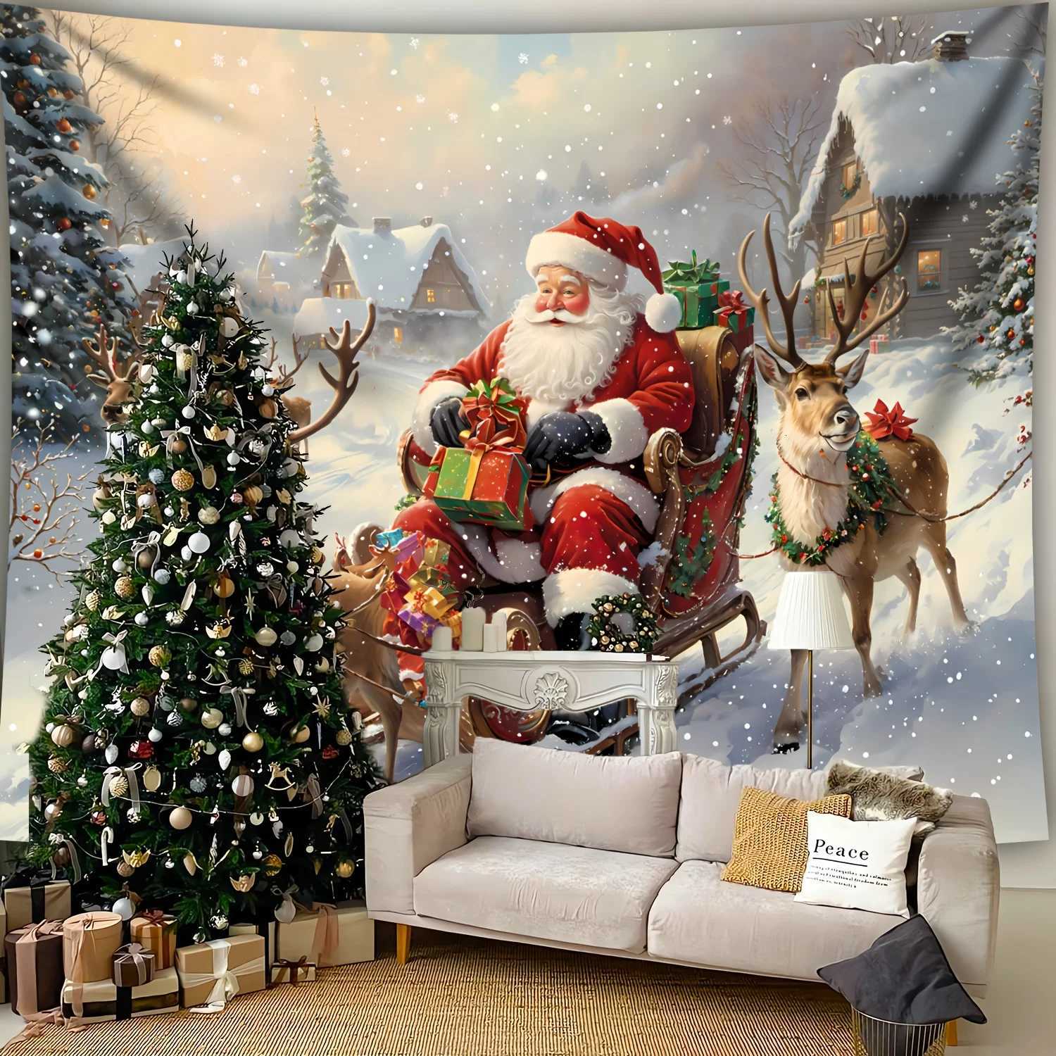 Christmas Tapestry Santa Sleigh with Reindeer Photo Background Wall HangingXmas Cloth for Home Party Live Stream DecorM251125
