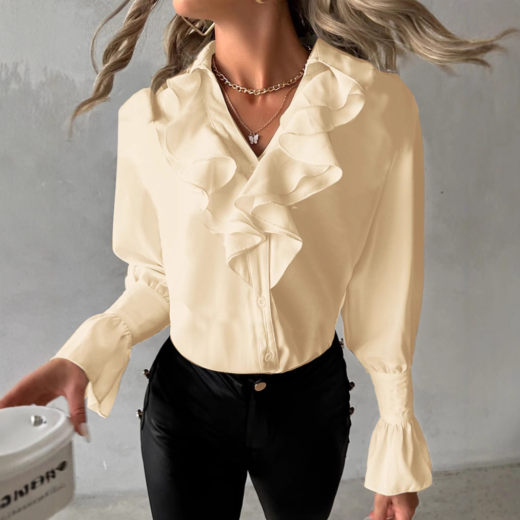 2023 autumn fashion ruffled long sleeved V-neck solid color womens shirt