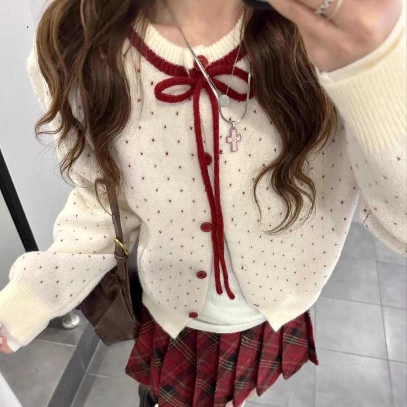Korean Sweet Polka Dot Knitted Sweater Cardigan Women Design Fashion O Neck Y2k Jacket Tops Chic Preppy Style Retro Outfits NewT251125