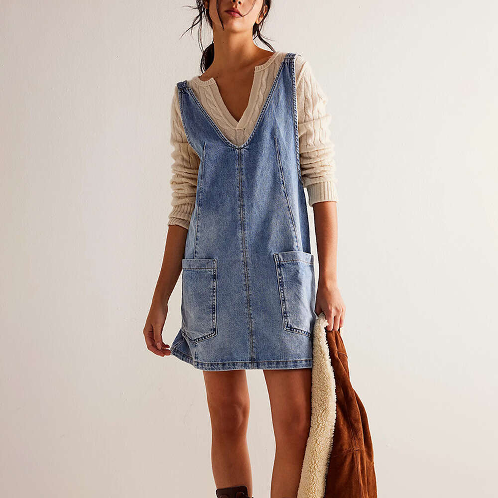 European and American Summer Women's Denim Strap Pocket Adjustable Mini Dress Multi Color 2025 New Casual Fashion Trendy Clothing