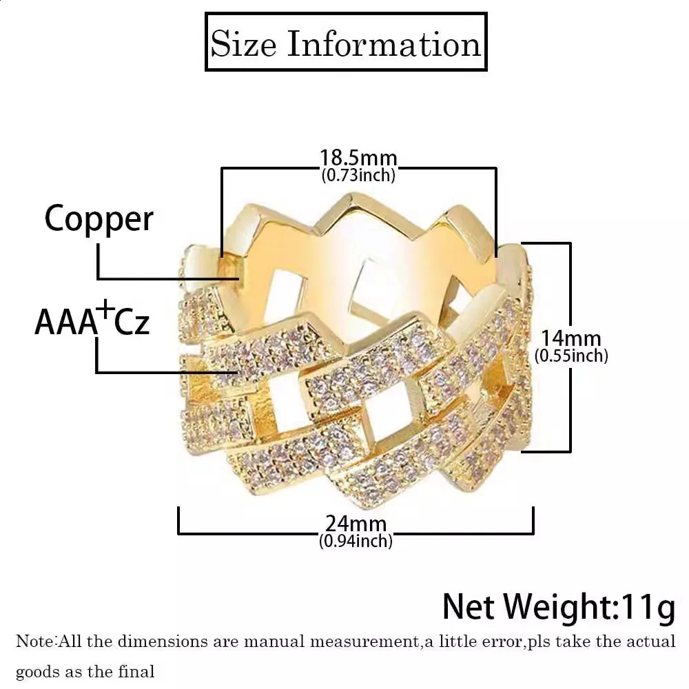 TrendMen Hiphop Rock Cuban Link Chain Zirconia Copper Rings For Men Boys Gold Color Metal Crystal Fingers Party Jewelry Gifts 250425
