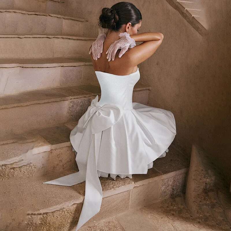 Dongdumaoyi Townlike Bow Waist Wrap A Line Dress Women Strapless Mini Summer Elegant Double Layer Sexy Party Dresses With Lining