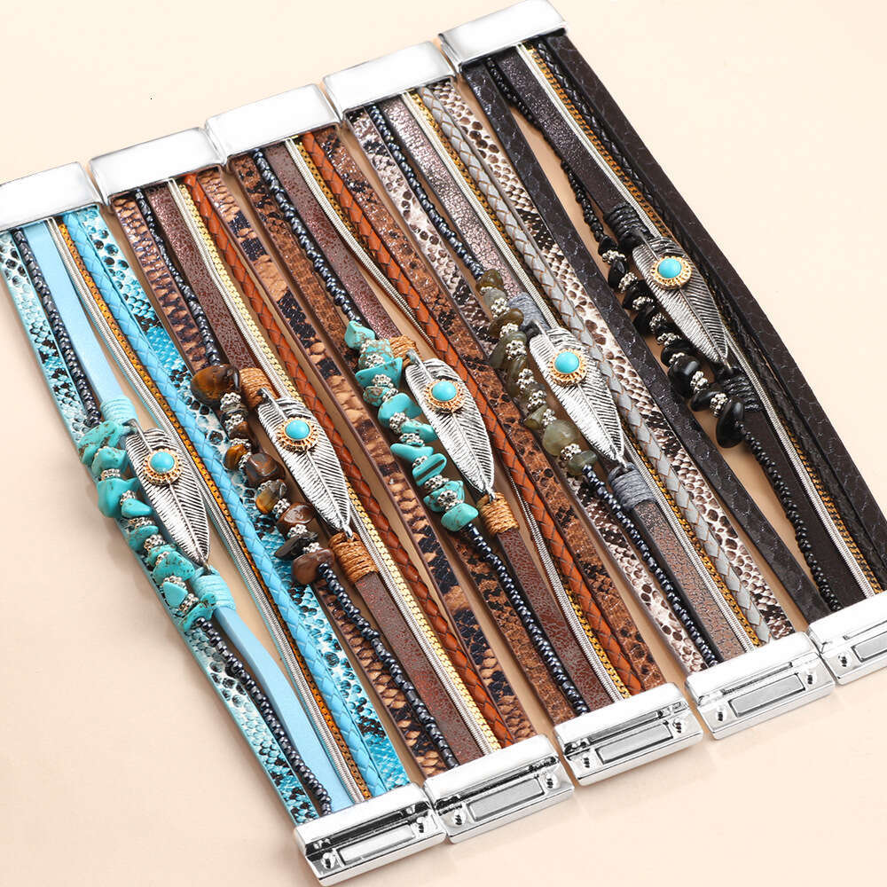 Women's Feather Trendy Personalized Turquoise Crushed Stone Multi layer Leather Bracelet