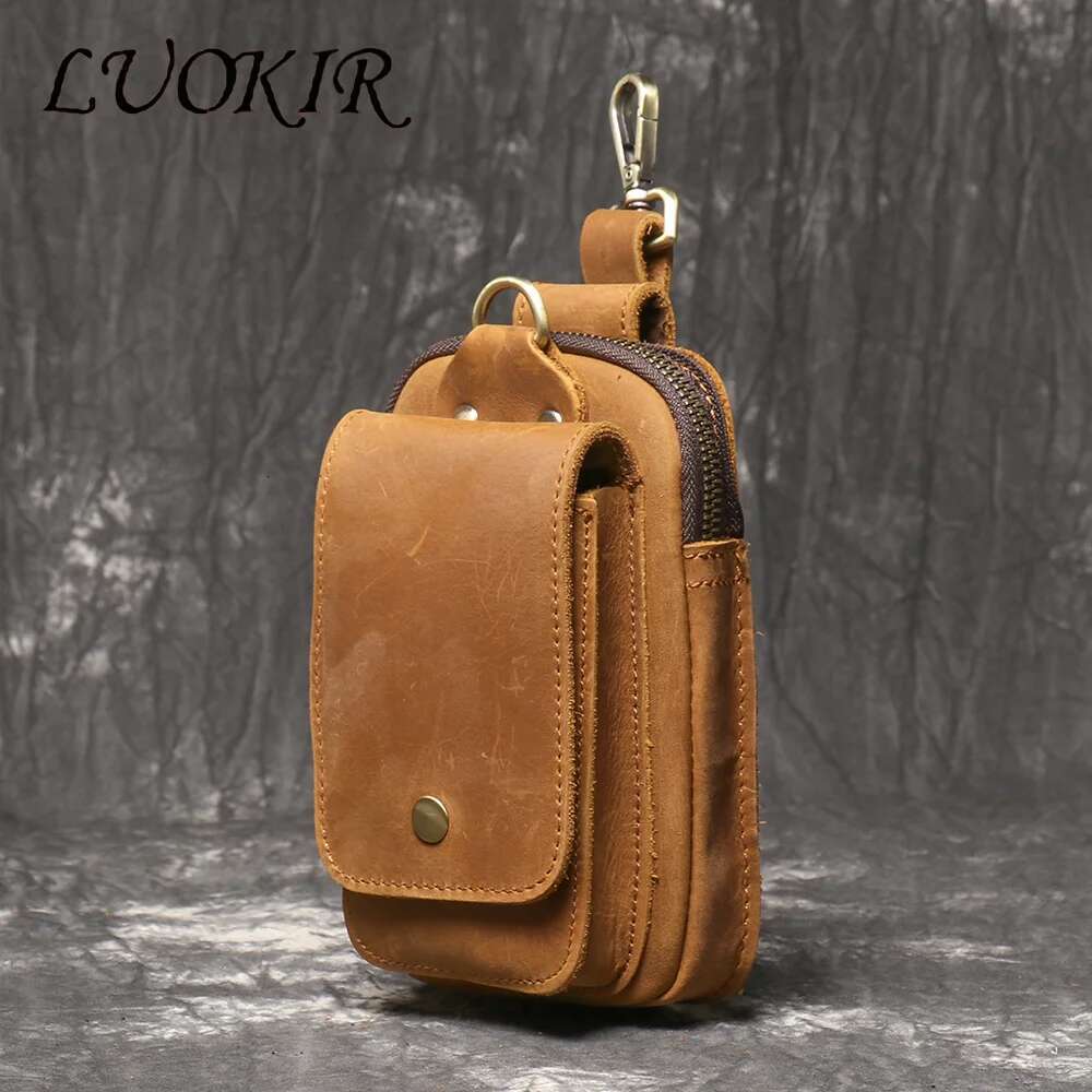 LUOKIR Retro Men's Genuine Crazy Horse Leather Strap, Mobile Phone Bag, Multifunctional Waist Hanging Bag