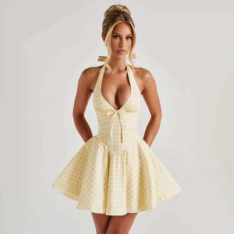 Dongdumaoyi Townlike Waist Wrap A Line Plaid Print Dress Women Halter Mini Spring Summer Backless Nightclub Sexy Party Dresses