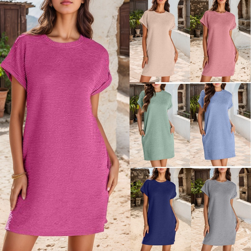 F980Foreign trade cross-border women's clothing Amazon hot sale round neck cuffs rolled hem solid color short sleeve pocket dress