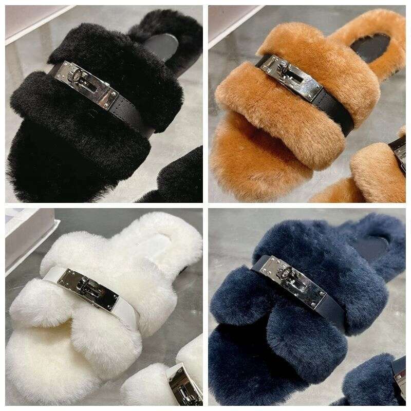 Luxury mule slipper Woman shoe Designer sandal kelly buckle flap fur slide comfortable warm wool Fluffy Slippers top quality winter casual fashion plush sliders