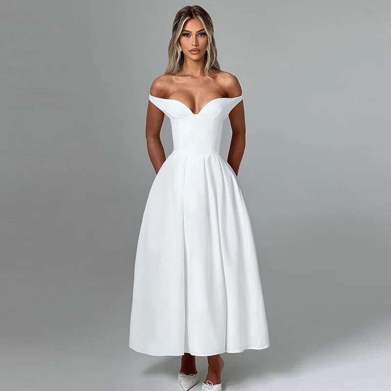 Dongdumaoyi Townlike Waist Wrap A Line Pleated Dress Women Off Shoulder Summer Maxi Long Backless Nightclub Sexy Party Dresses