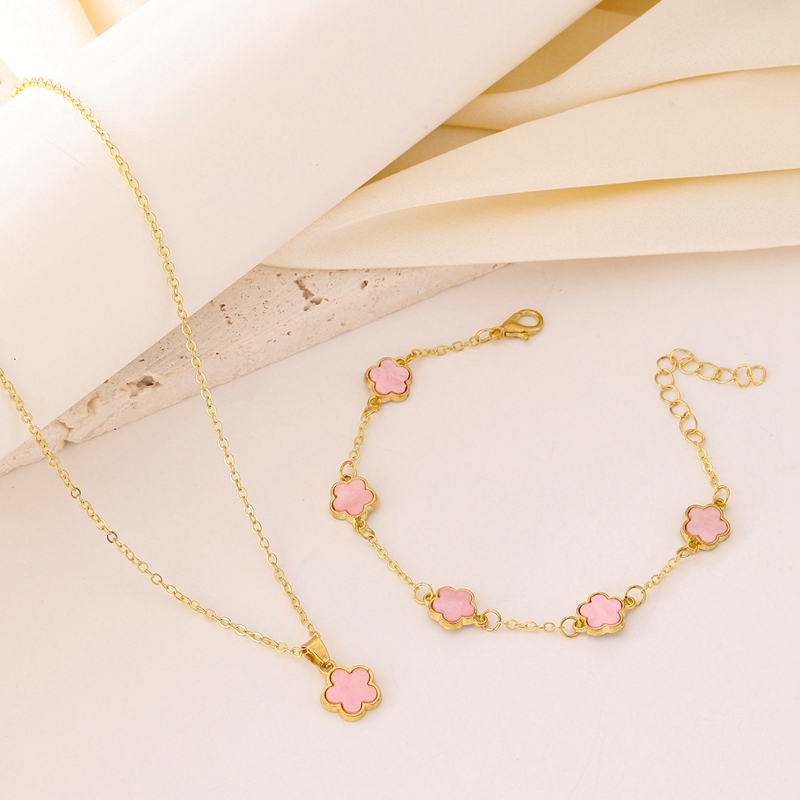 Five Petal Clover Flower Charm Chain Necklace Bracelet Jewelry Sets for Women Desinger Bracelet 18K Gold Plated Pearl Pink Crystal Gift Bridal Wedding
