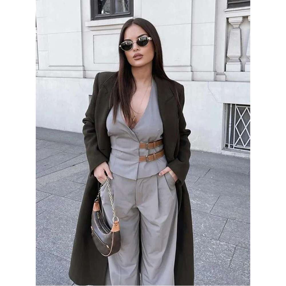 ZABA Women's Fashion With Belt Hanging Neck Halter V-Neck Top + Casual High-Waisted Pleated Suit Pants Two-Piece Set