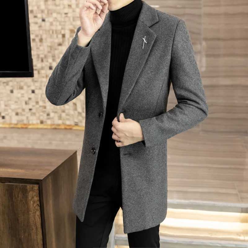 High-quality mens fashionable and stylish mid-length solid color woolen and cotton thick coat for autumn and winterT251125