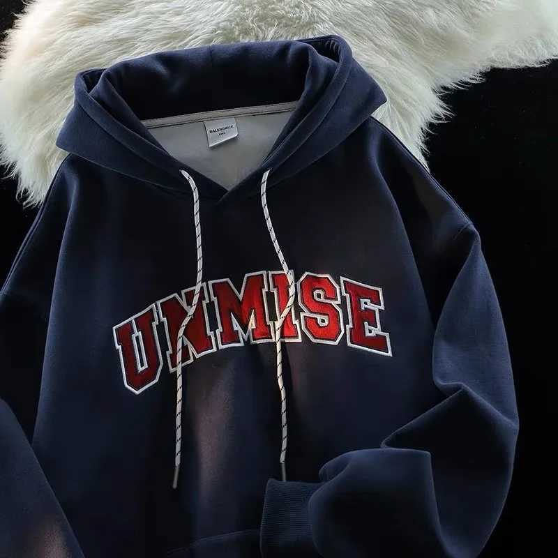 (Plus M-8XL Hoodie) 2025 New American Retro Navy Blue Letter Printed Cotton Round Neck Mens Fashion Brand Sportswear w250425