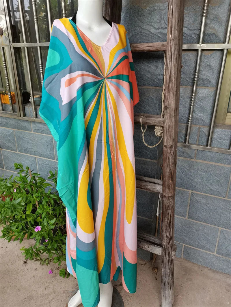 Womens Kaftan Dress Ethnic Bohemian Printed Swimsuit Covered Vneck Cafe 250422