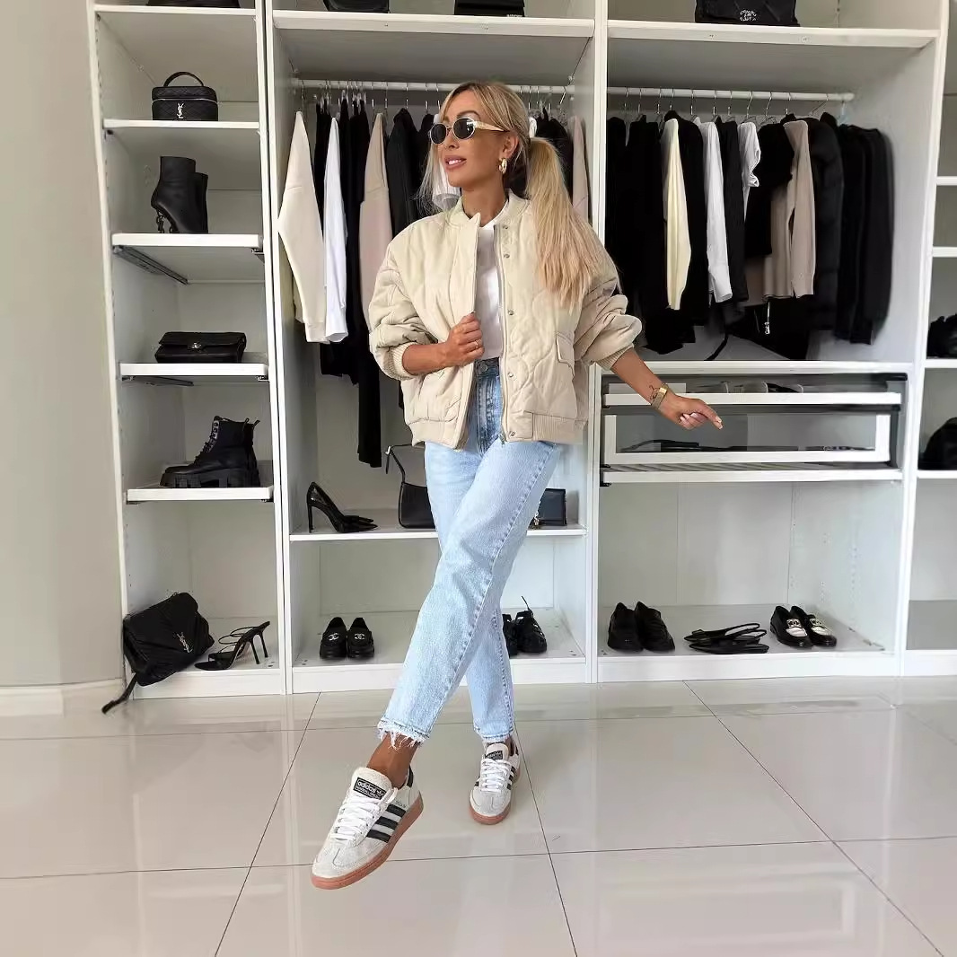 2024 new winter solid color long sleeved casual button zipper cotton jacket for women