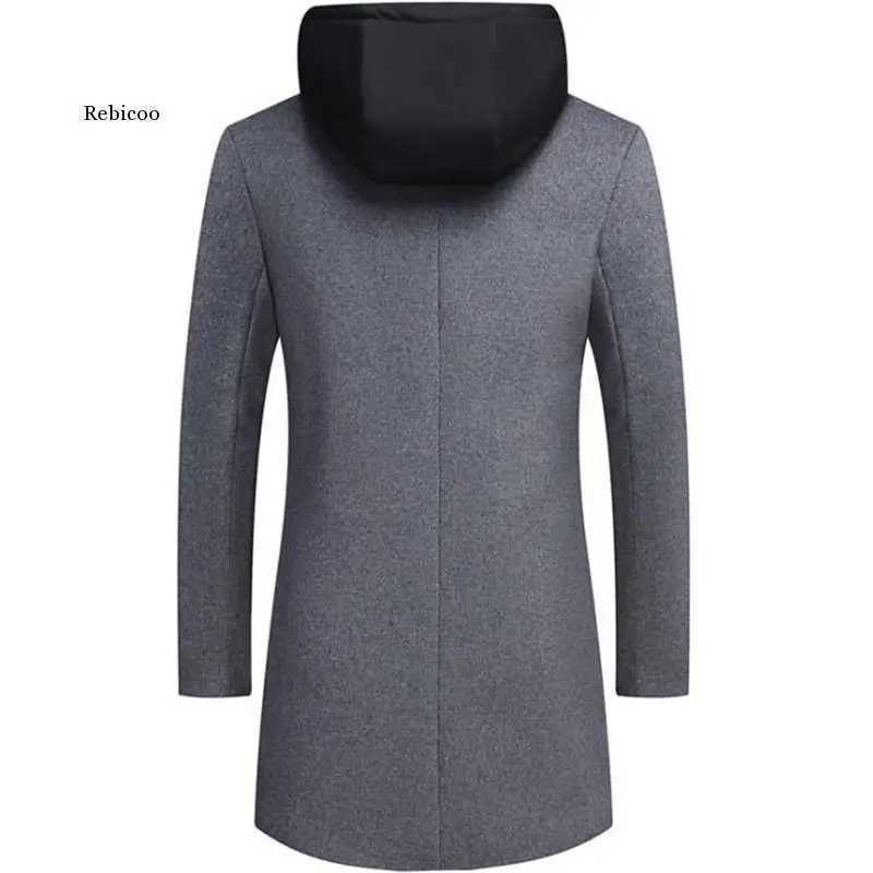 Autumn Winter Mens Hooded Wool Jacket Autumn Mens Long Windproof Wool Coat Casual Thick Slim Jacket MaleT251125