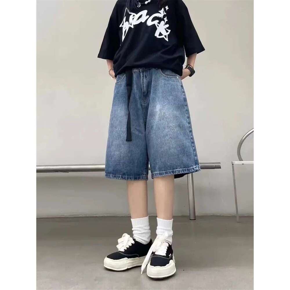 High Street Retro Blue Jean Shorts Women Summer Hip Hop Baggy Wide Leg Denim Half Pants Fashion Streetwear Y2k Clothing Oversize