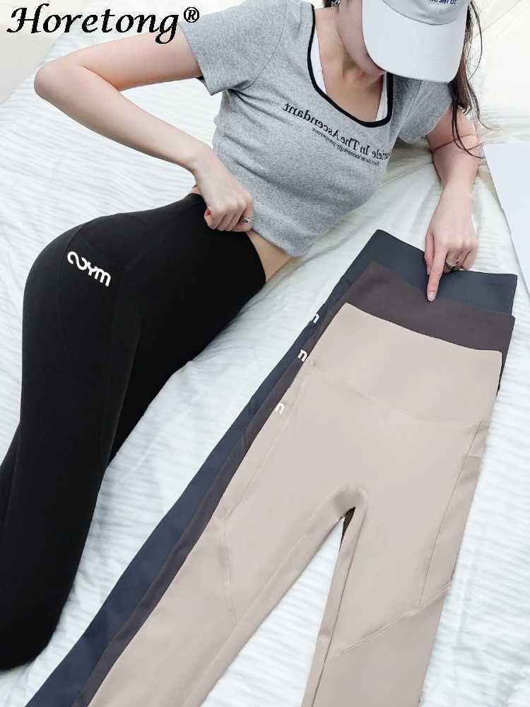 Horetong womens sports pants pockets high waisted running casual streetwear womens tight fitting sportswearC250425