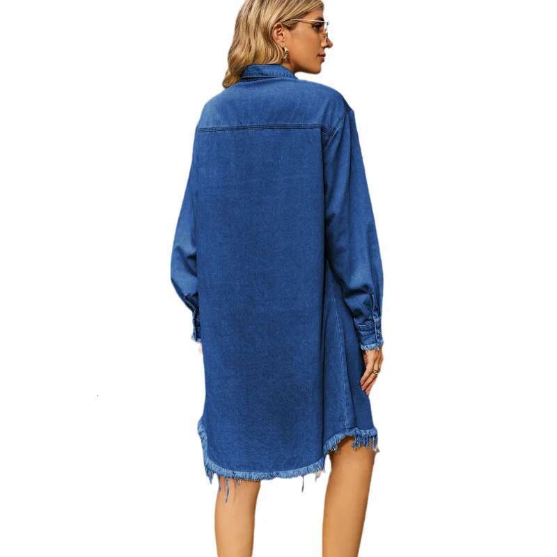 Dongdumaoyi New Vintage Washed Denim Loose Casual Long Sleeve Frayed Hem Women S Dress C