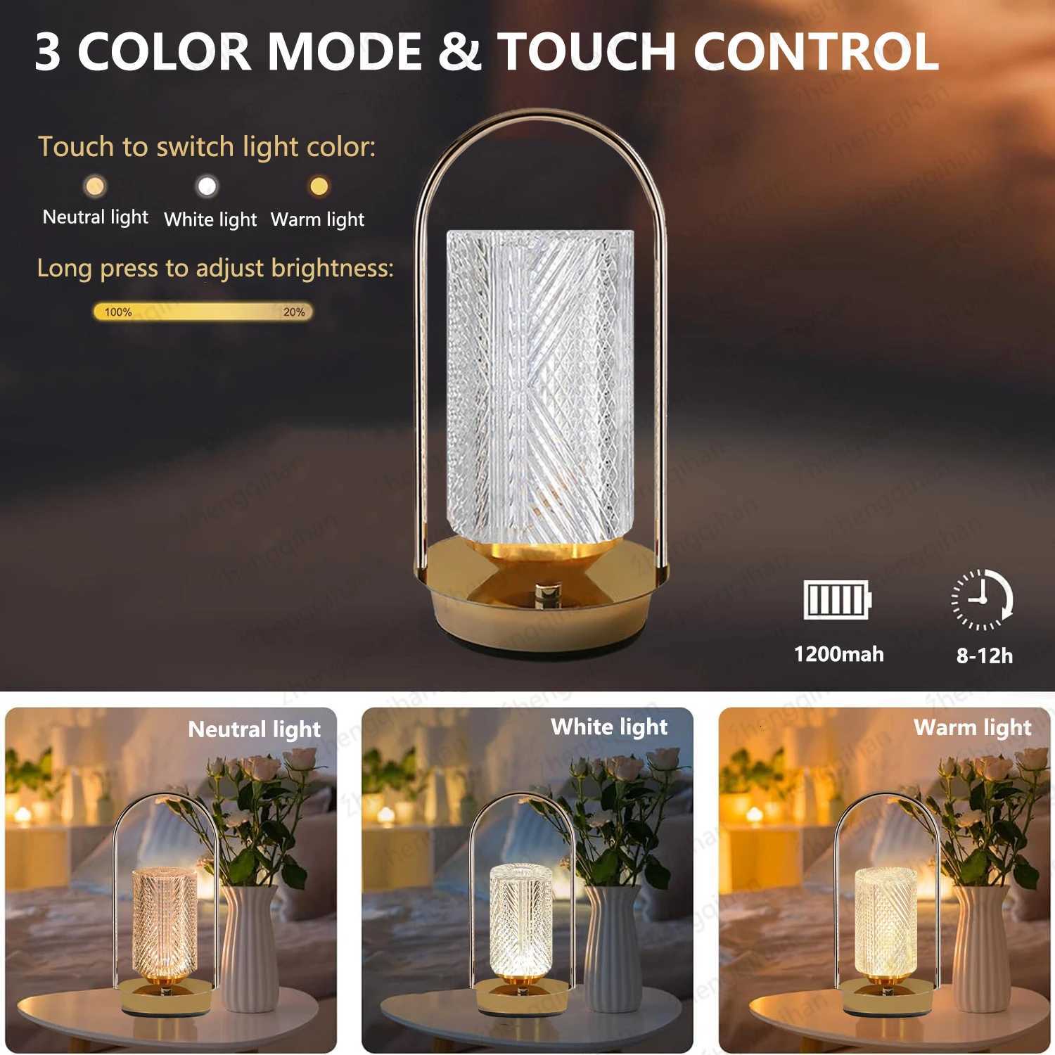 LED Crystal Table Lamp USB Touch 3-Color Stepless Dimming Rechargeable Bedside Light For Bedroom Restaurant Bar Decor Desk LampM251125