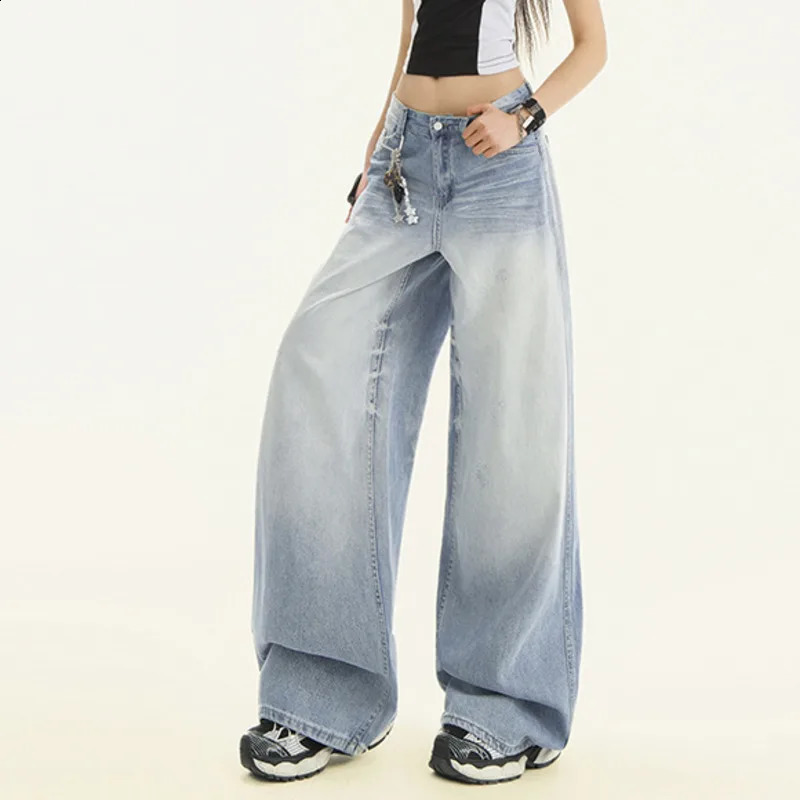 Womens loose retro long jeans mid waist torn wide leg straight 250417