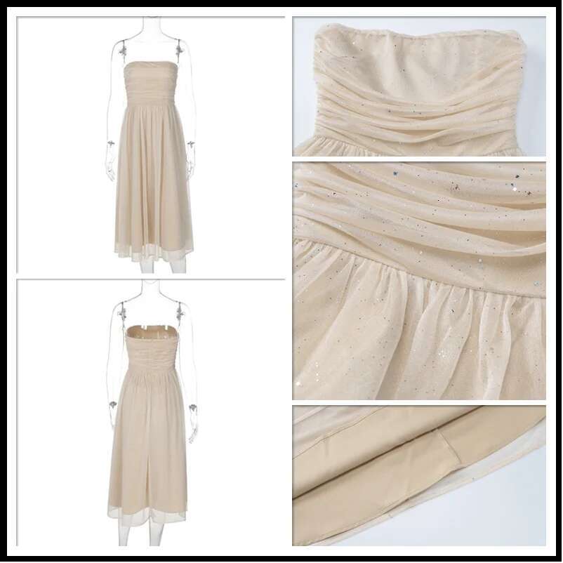 Dongdumaoyi Townlike Sparkle Glitter Mesh Nightclub Sexy Party Dress Women Midi Long Summer Elegant Bow Pleated A Line Dresses