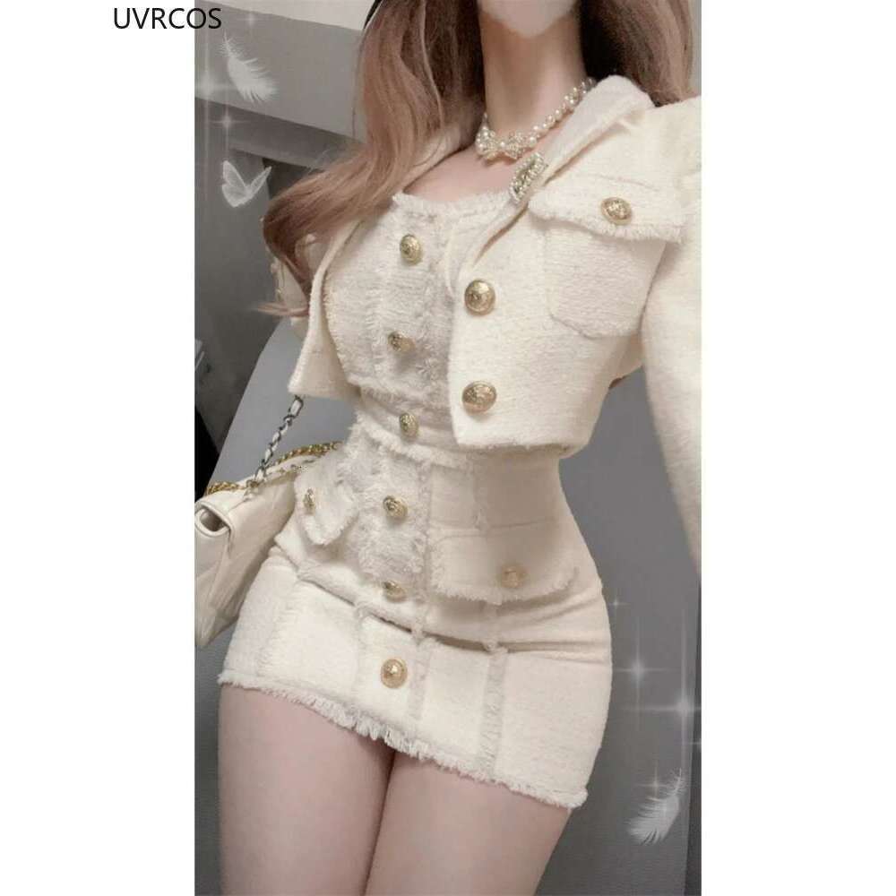 Korean Style Elegant Vintage Two Piece Set Women Sweet Woolen Short Jackets Tassel Design Mini Dress Suit Female Fashion Outfi