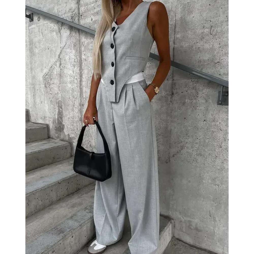 Summer Autumn Two Piece Women 2025 Fashion Sleeveless Striped Vest Blazer Top And Ruched Wide Pants Set For Office Suit