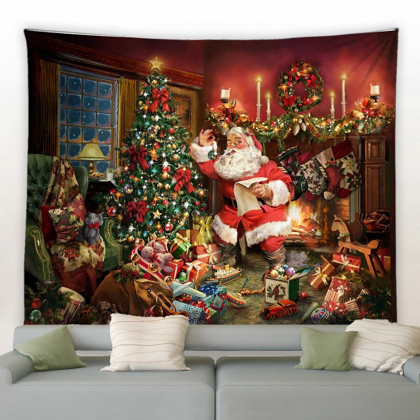 Christmas Tapestry Funny Santa Claus Xmas Tree Balls Gifts Fireplace Home Decor Art Wall Hanging for Dorm Bedroom Living RoomM251125