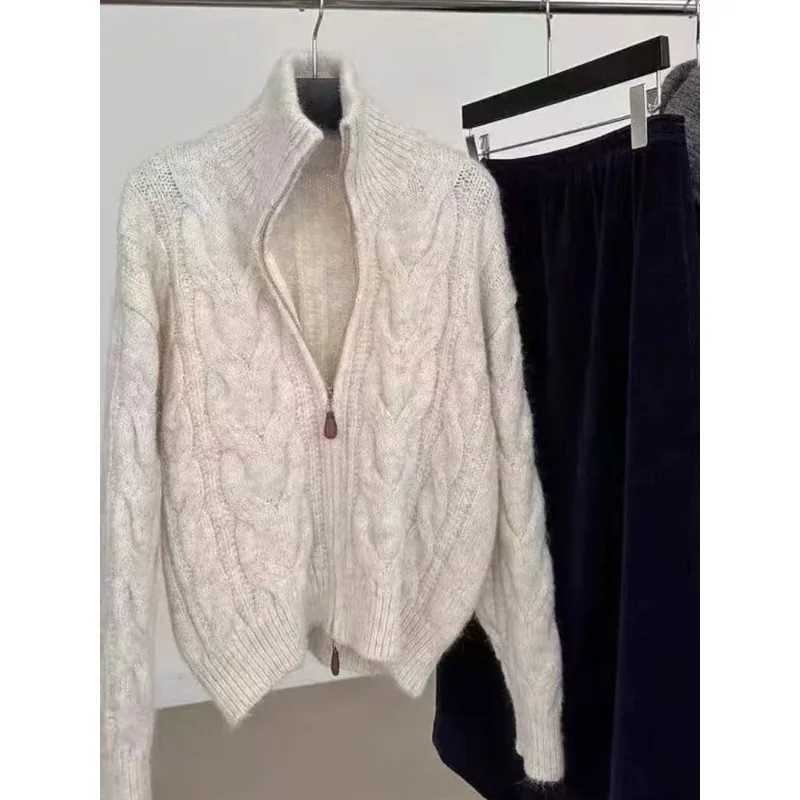 Korean Double Zipper Solid Color Fried Dough Twists Turtleneck Women Retro Sweater Autumn Winter New Casual Knitted Cardigan 10T251125