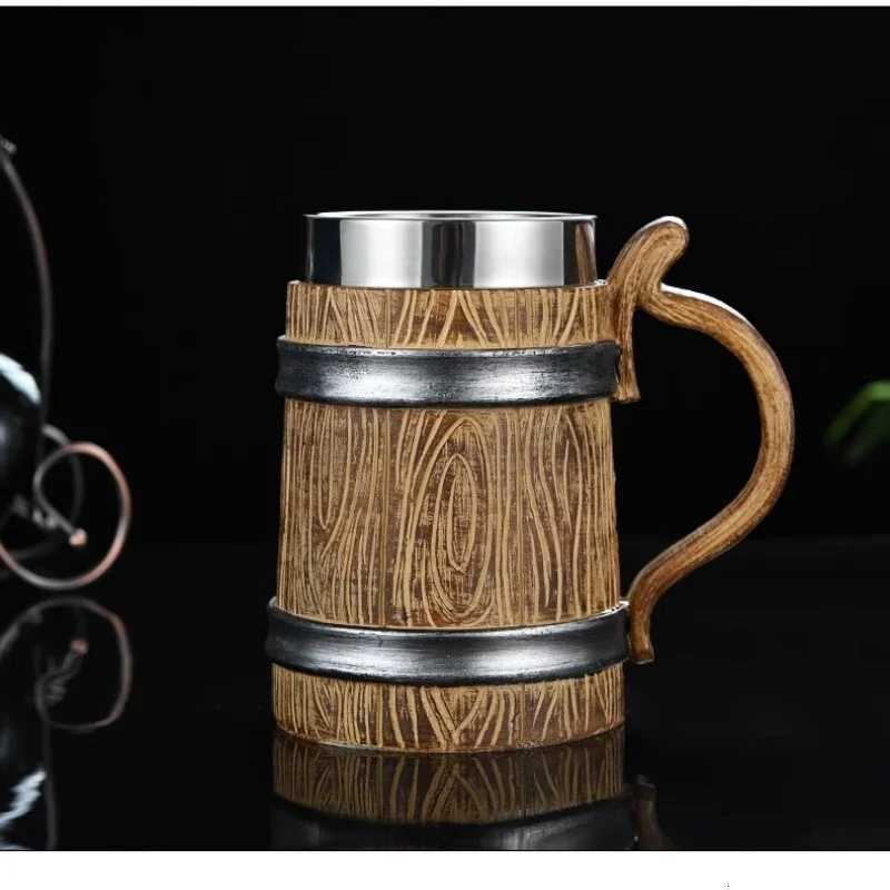 Wooden Beer Mug 600ml Germany Wood Grain 304 Stainless Steel Medieval Tavern Imitation Barrel Tankard Coffee Cup Men Gift Retro Y251125