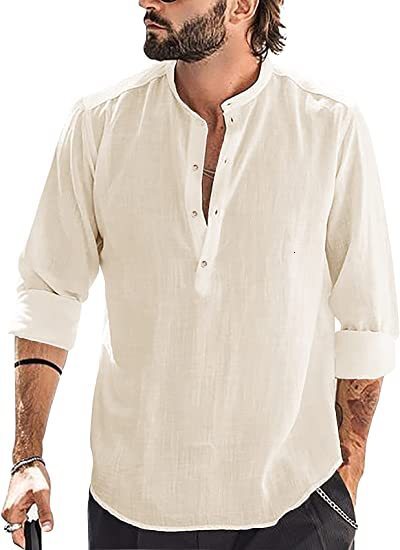 Casual mens loose shirt mens fashion stand collar cotton linen long sleeve color 2022