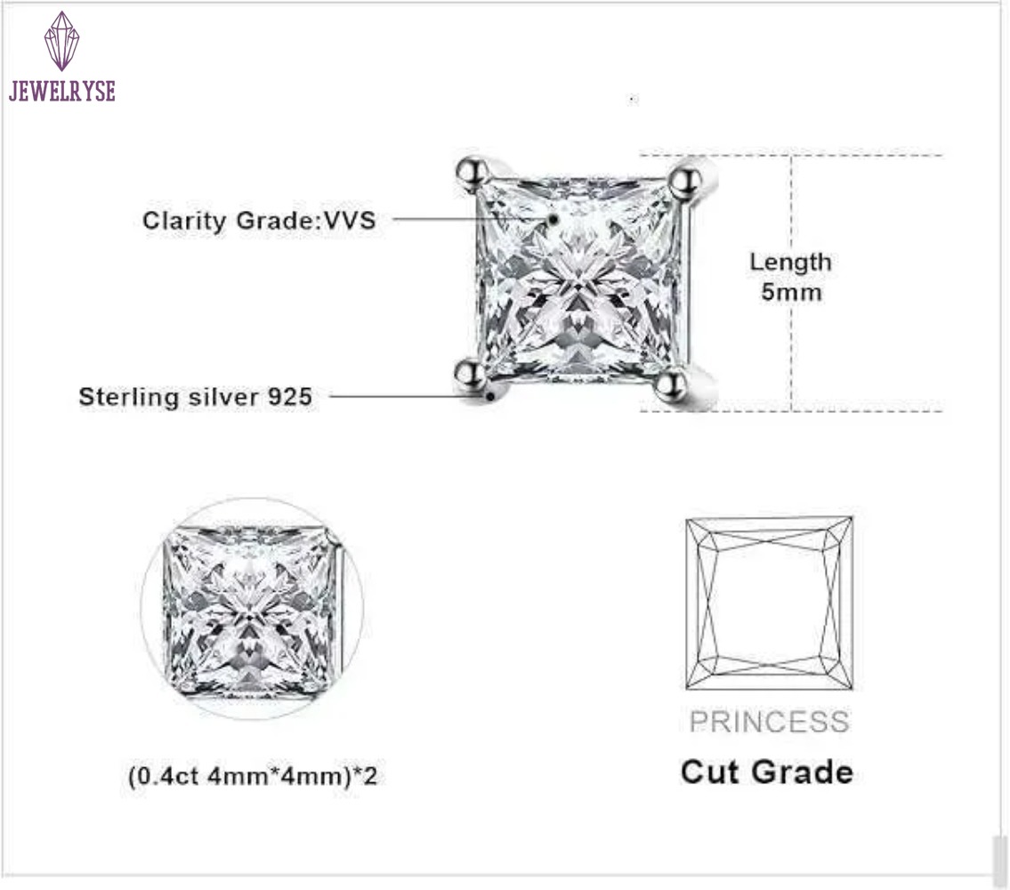 Princess Square Cut Stud D Color VVS Moissanite Dia Sterg Sier Earrings for Women Men