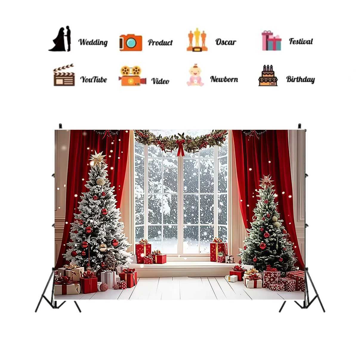 1pc Christmas Photography Background - Dreamy Winter Snow Scene Christmas Tree Tapestry Window and Interior Wall HangingM251125