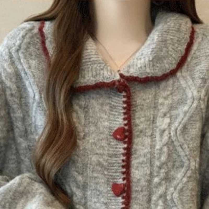 New Loose Sweater Autumn Winter Retro Love Button Knitted Sweater Womens Outer Wear Lazy Style Doll Collar Twist Cardigan TopsT251125