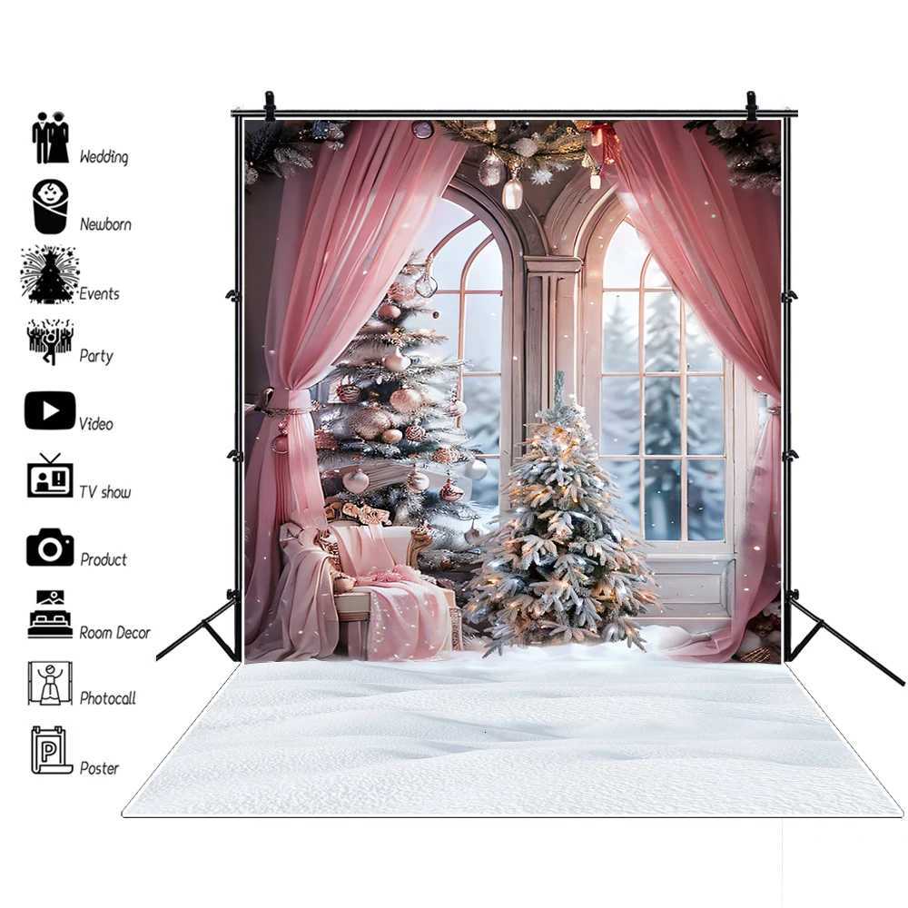 Winter Christmas Window Snow Photo Backdrop Pink Curtain Interior Xmas Tree Gift New Year Party Decor Photography BackgroundM251125
